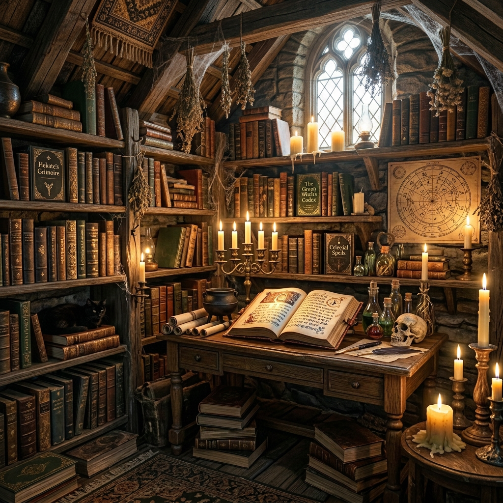Cozy room with bookshelves, spellbooks, candles, potion bottles, and a skull on a wooden desk
