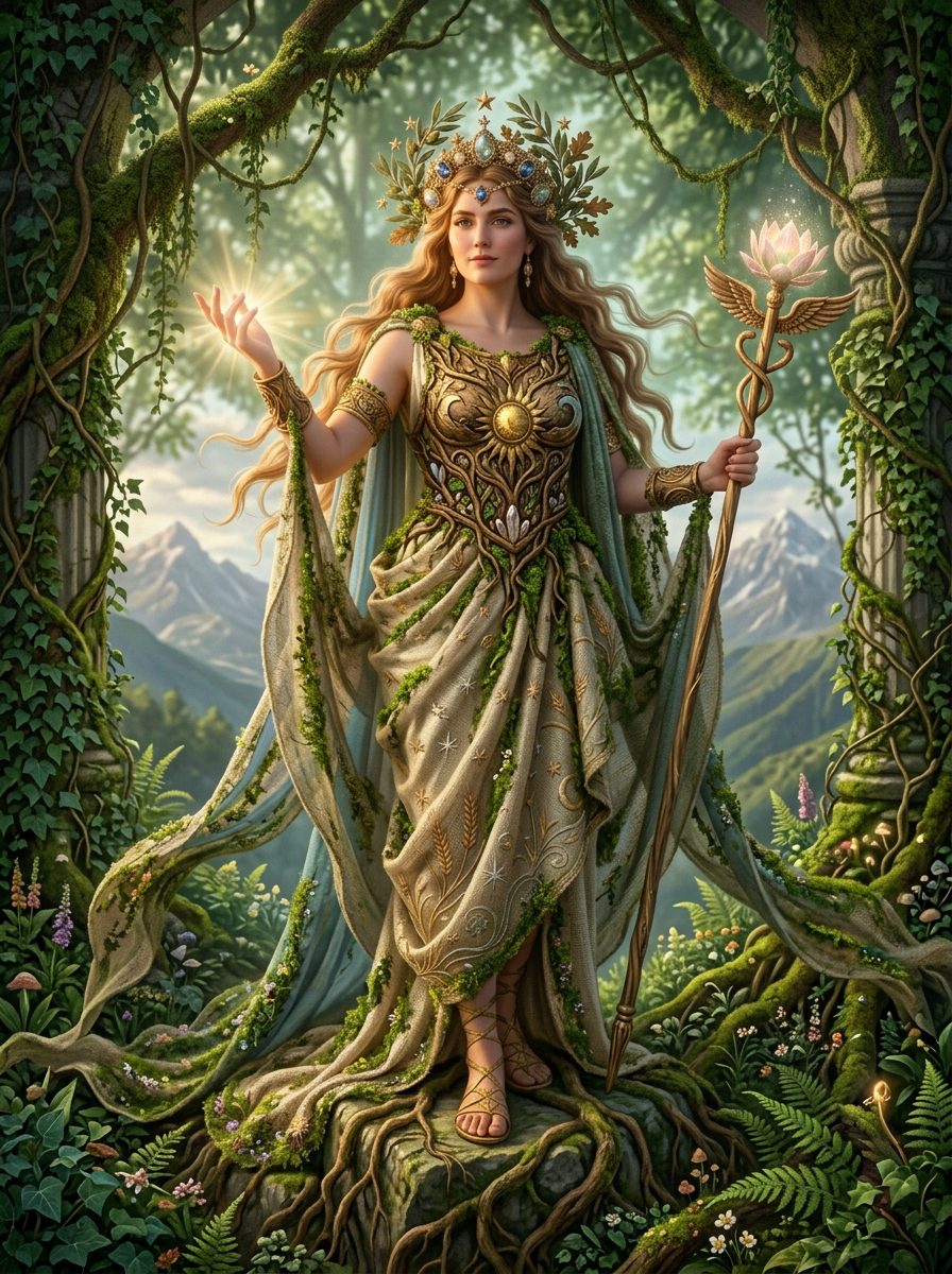 Goddess in golden armor and flowing white dress with blue cape holding a glowing staff on a mountain peak
